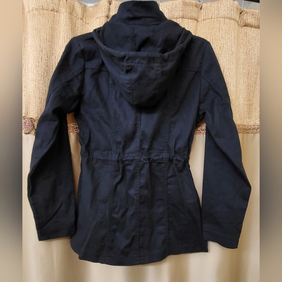 Women's Black swing jacket with hoodie and waist drawstring. Size Medium - Picture 6 of 10